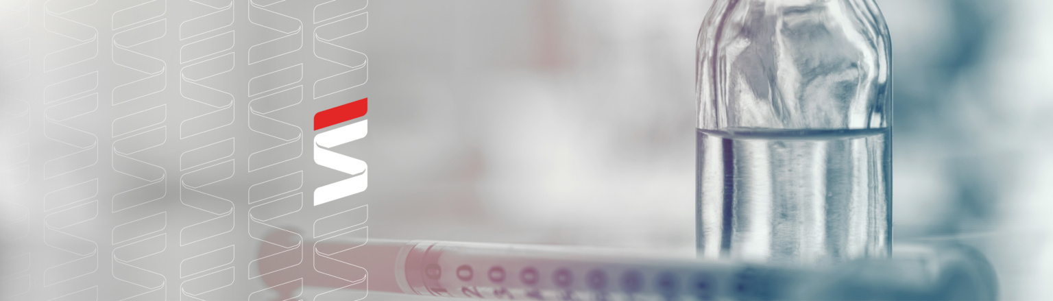 Closeup of medicine vial or flu, measles vaccine bottle with syringe and needle for immunization on vintage medical background, medicine and drug concept. Fraser Stryker logo icon repeating on the left side of the photo.