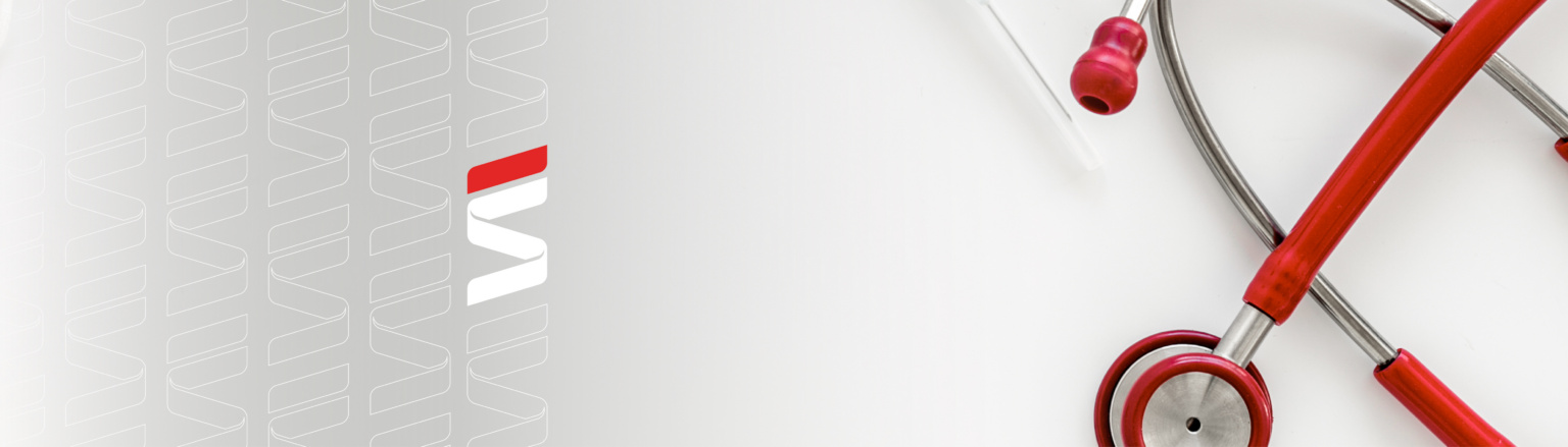 Medical background with face mask, stethoscope, vaccine on white background top view. Fraser Stryker logo icon repeating on the left side of the photo.