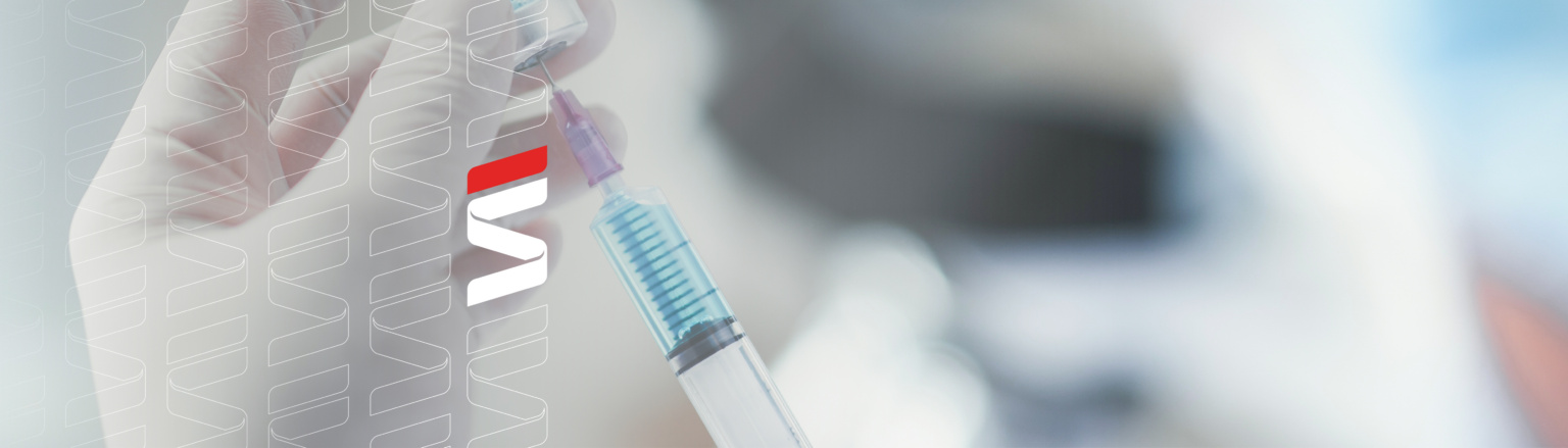 Professional scientists holds syringe and bottle vaccine for virus cure treatment injection, medicine clinical during pandemic. Fraser Stryker logo icon repeating on the left side of the photo.