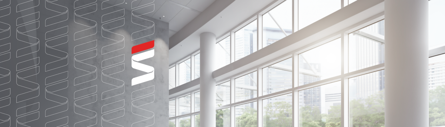 Modern interior design featuring floor-to-ceiling windows, clean lines, and a sleek wall display. Fraser Stryker logo icons repeating on the left side of the photo.