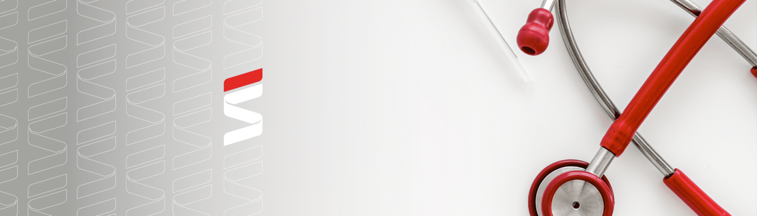 Medical background with face mask, stethoscope, vaccine on white background top view. Fraser Stryker logo icon repeating on the left side of the photo.