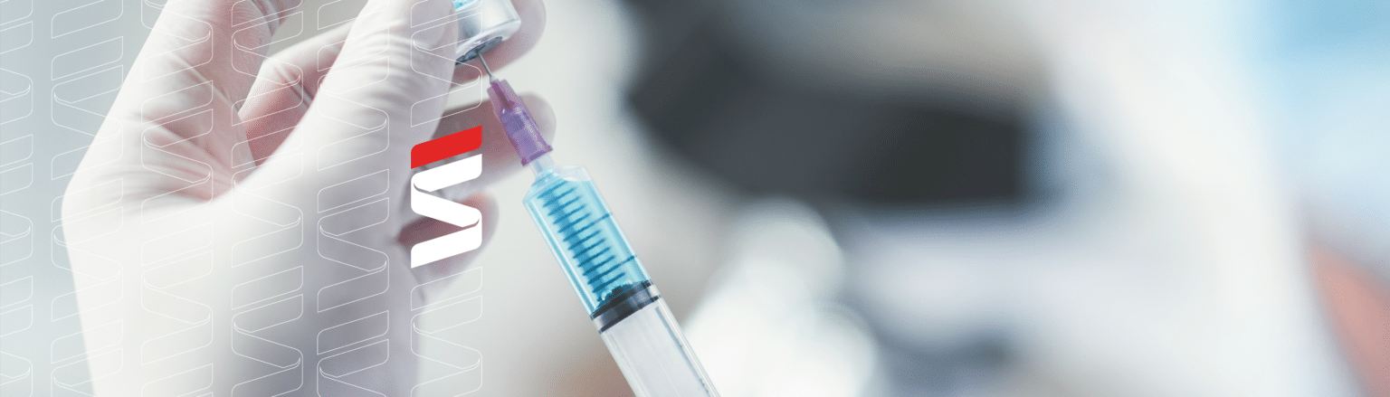 Professional scientists holds syringe and bottle vaccine for virus cure treatment injection, medicine clinical during pandemic. Fraser Stryker logo icon repeating on the left side of the photo.