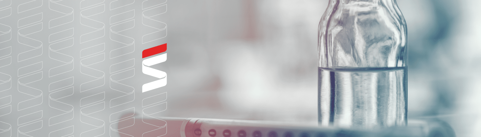 Closeup of medicine vial or flu, measles vaccine bottle with syringe and needle for immunization on vintage medical background, medicine and drug concept. Fraser Stryker logo icon repeating on the left side of the photo.