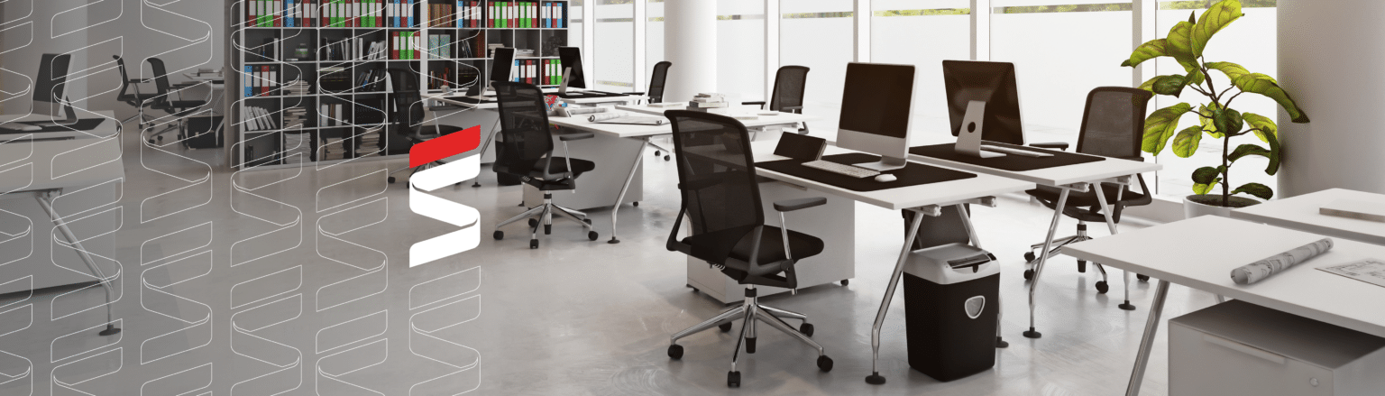 Empty office with several desks, chairs and computers, Fraser Stryker logo icons on the left.