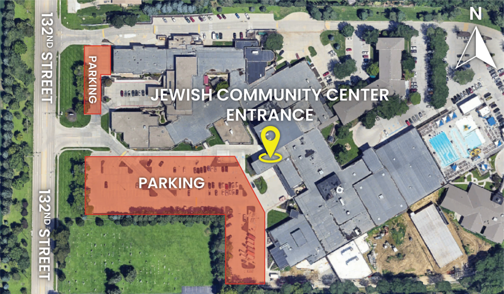 Aerial photo of the Jewish Community Center campus with parking lots indicated for an event at JCC