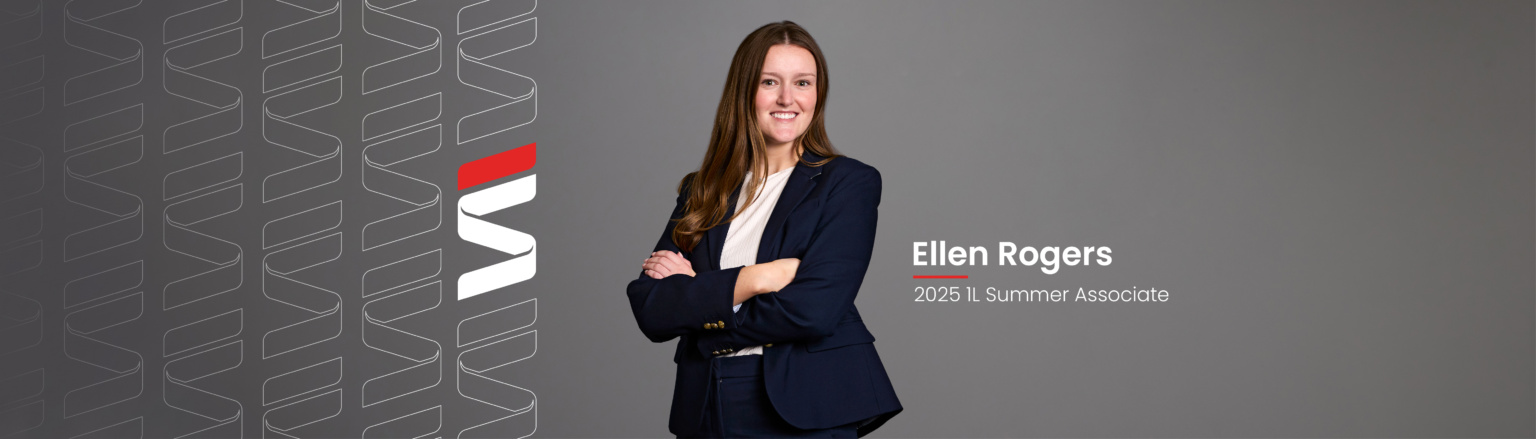 Ellen Rogers, Fraser Stryker 2025 1L Summer Associate, wearing a black jacket and pants, and a ivory shirt. Fraser Stryker logo pattern on the left side.