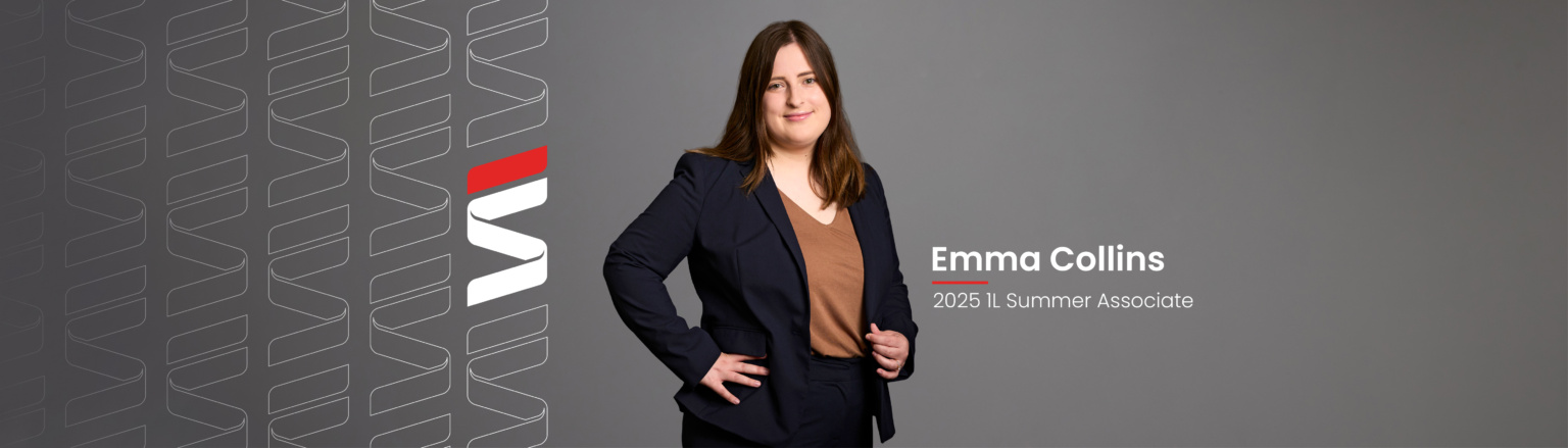 Emma Collins, Fraser Stryker 2025 1L Summer Associate, wearing a black jacket and pants, and orange shirt. Fraser Stryker logo pattern on the left side.