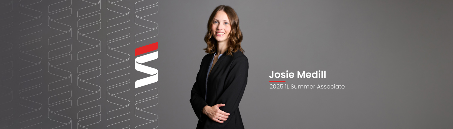 Josie Medill, Fraser Stryker 2025 1L Summer Associate, wearing a black jacket and pants, and a light blue button down shirt. Fraser Stryker logo pattern on the left side.