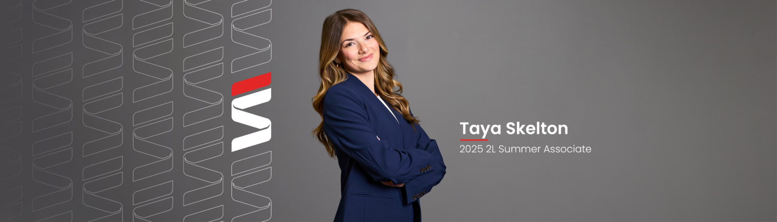 Taya Skelton, Fraser Stryker 2025 2L Summer Associate, wearing a blue jacket and a white shirt. Fraser Stryker logo pattern on the left side.