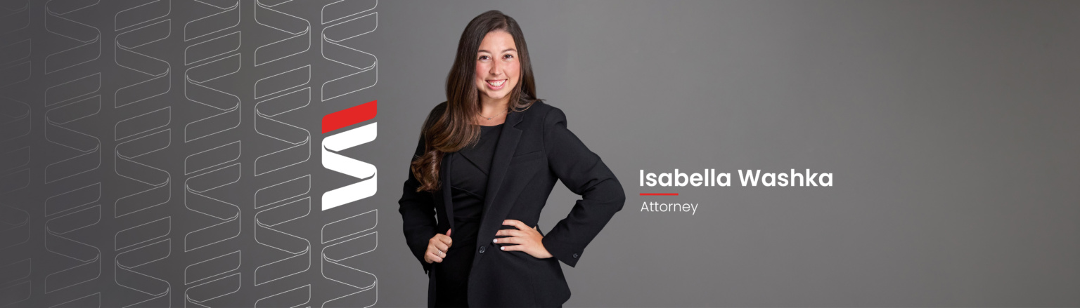 Isabella Washka, Fraser Stryker attorney, wearing a black jacket and black shirt. Fraser Stryker logo pattern on the left side.