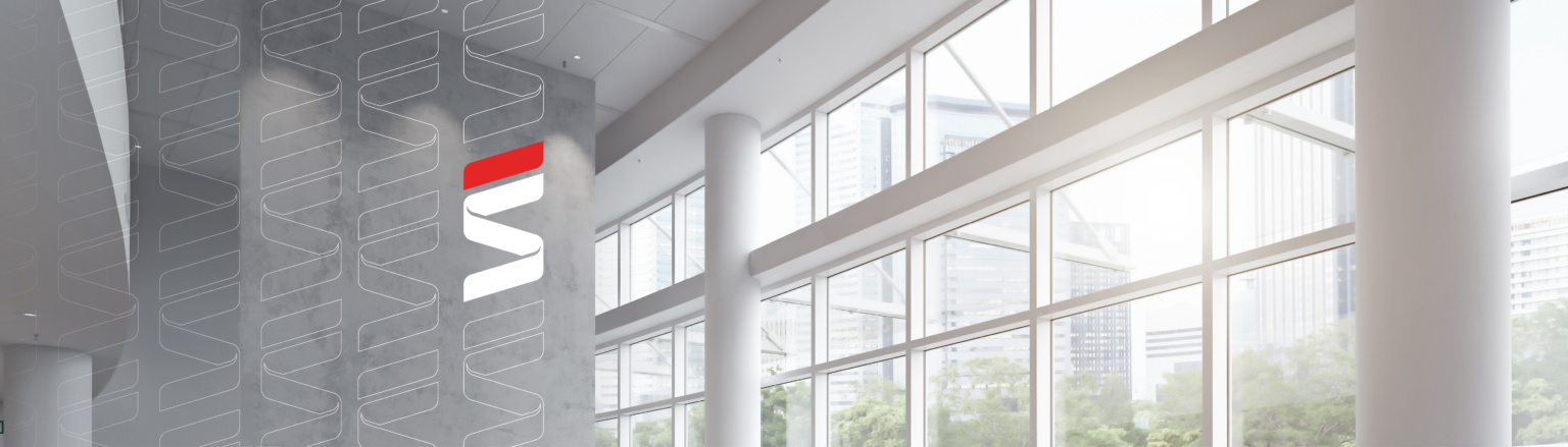 Modern interior design featuring floor-to-ceiling windows, clean lines, and a sleek wall display. Fraser Stryker logo icons repeating on the left side of the photo.