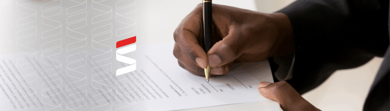 Photo of hand signing a document with a black and gold pen. Fraser Stryker logo icons repeating on the left side of the photo.