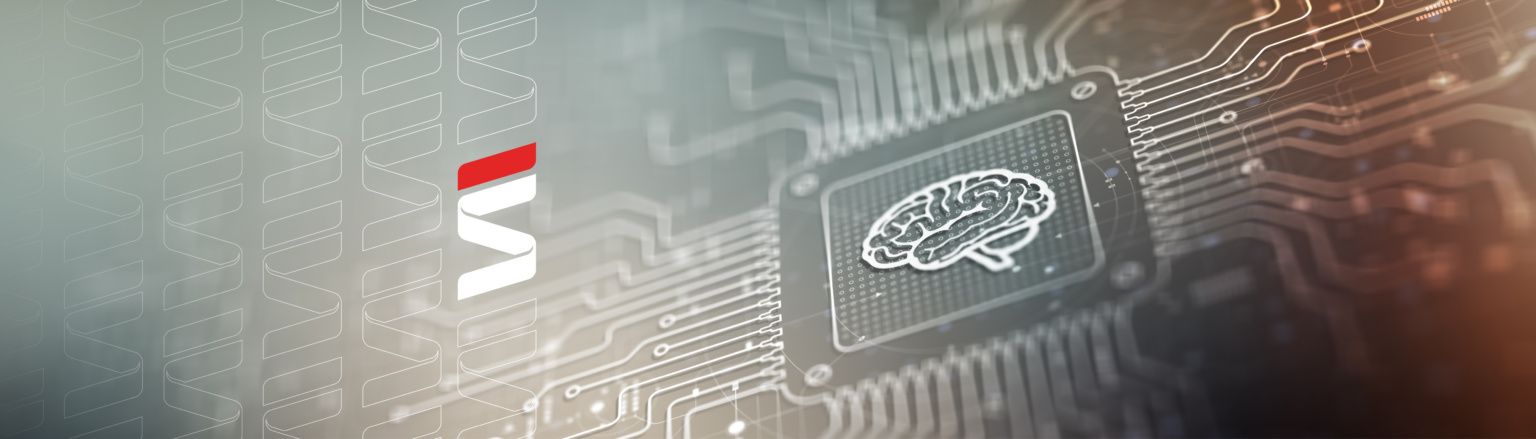 Grey computer circuit board featuring a brain in the middle of a square that signifies AI and advanced technology. Fraser Stryker logo icons repeating on the left side of the photo.