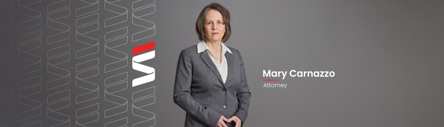 Mary Carnazzo, Fraser Stryker attorney, wearing a grey suit jacket, white shirt, and black pants. Fraser Stryker logo icon repeating on the left side of the photo.