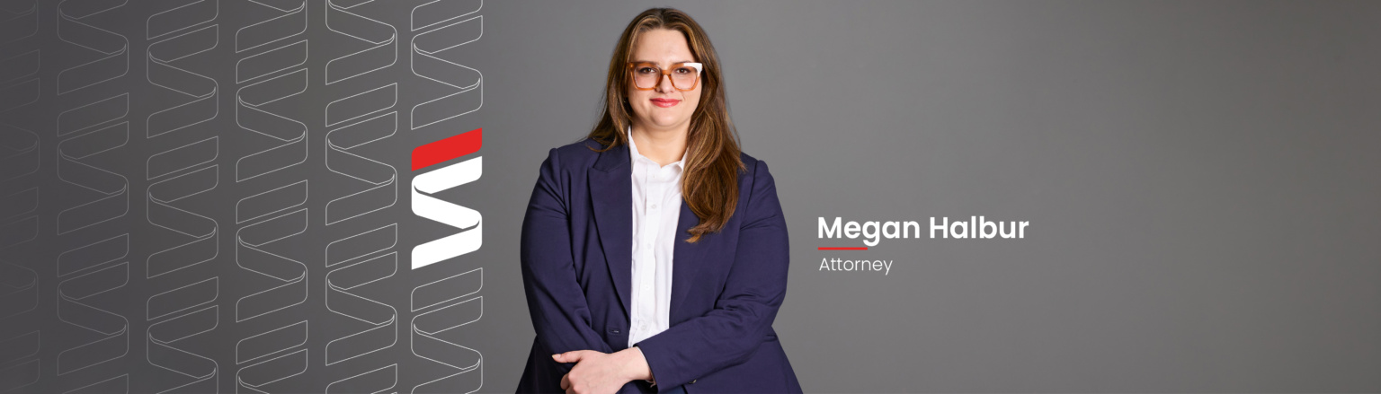 Megan Halbur, Fraser Stryker attorney, wearing a dark blue suit jacket and white shirt. Fraser Stryker logo pattern on the left side.