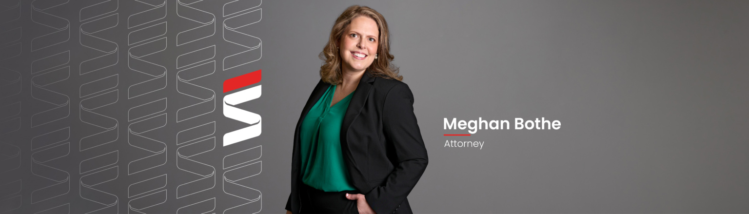 Meghan Bothe, Fraser Stryker attorney, wearing a black suit jacket and green top. Fraser Stryker logo pattern on the left side.