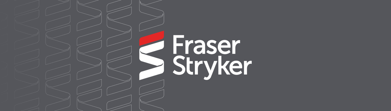 Fraser Stryker logo in middle with icon repeating on the left side of the photo. Grey background.