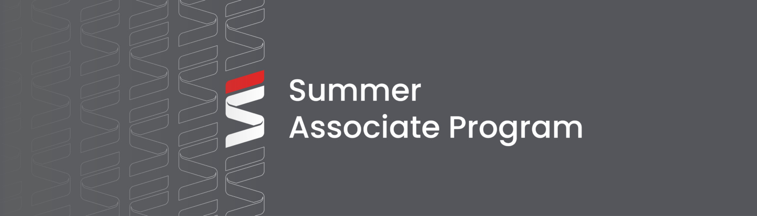 "Summer Associate Program" words in white, to the right of a Fraser Stryker logo icon repeating on the left side of the photo. Grey background.