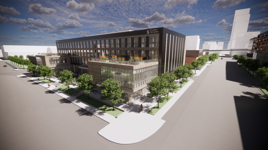 Exterior rendering of the north side of the office building at 1501 Mike Fahey Street. Fraser Stryker's logo is applied to the top right of the building to showcase signage.