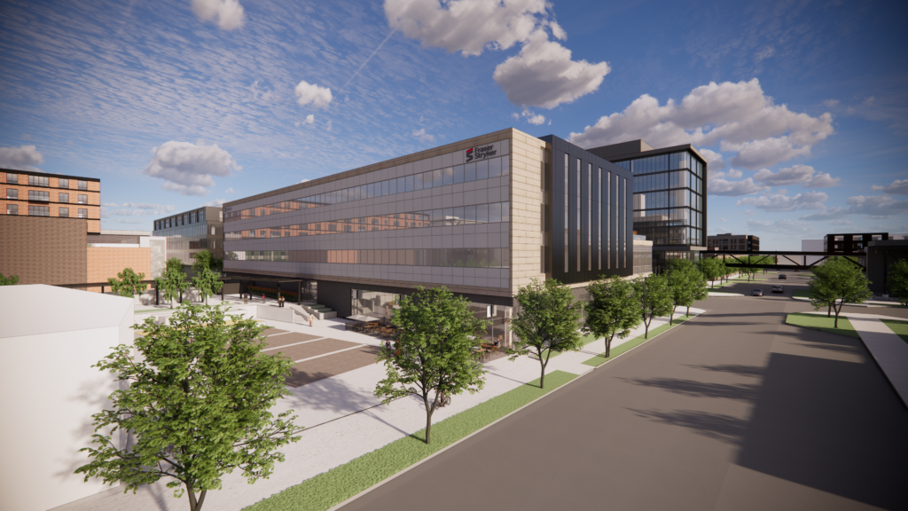 Exterior rendering of the south side of the office building at 1501 Mike Fahey Street. Fraser Stryker's logo is applied to the top right of the building to showcase signage.