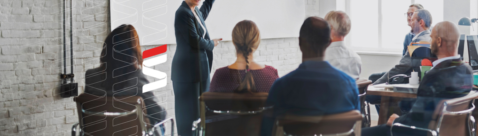 Close up photo of people holding a business meeting. Fraser Stryker logo icon repeating on the left side of the photo.