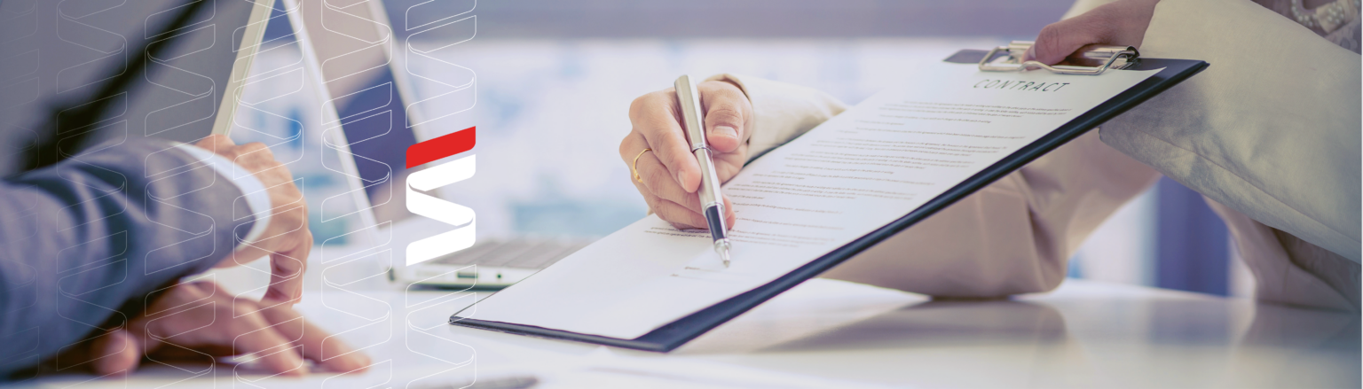 Close up photo of person holding a pen and showing a clipboard containing a contract to another person. Fraser Stryker logo icon repeating on the left side of the photo.