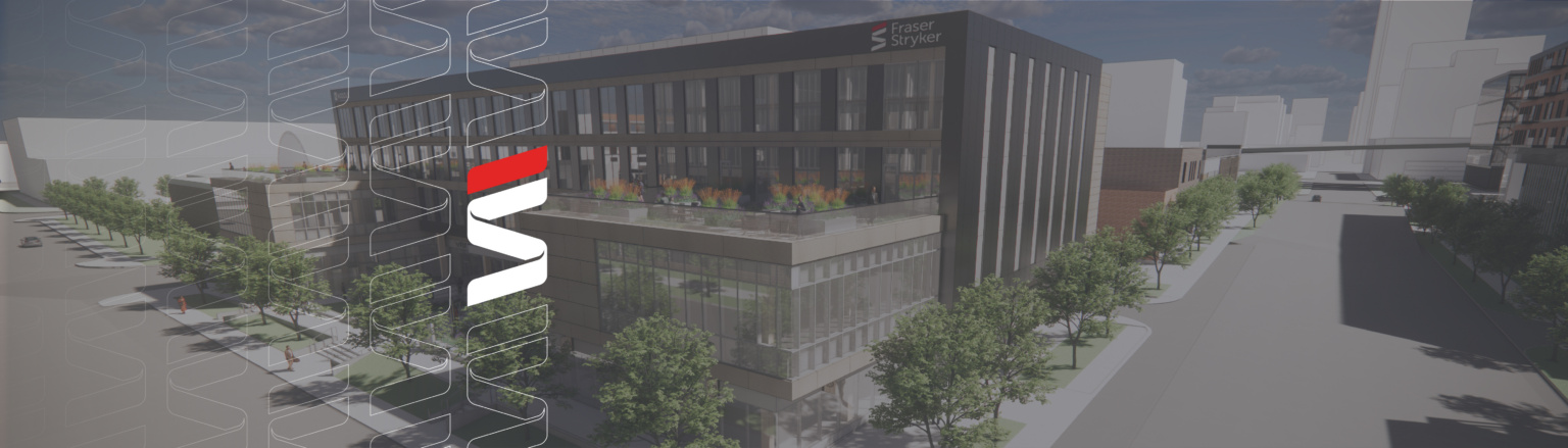 Exterior rendering of the north side of the office building at 1501 Mike Fahey Street. Fraser Stryker's logo is applied to the top right of the building to showcase signage. Grey color semi-opaque overlay over image, Fraser Stryker logo icon repeating on the left side of the photo.