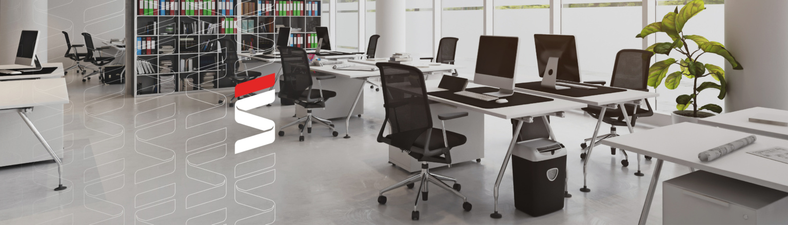 Photo of empty office with several computer work stations. Fraser Stryker logo icon repeating on the left side of the photo.