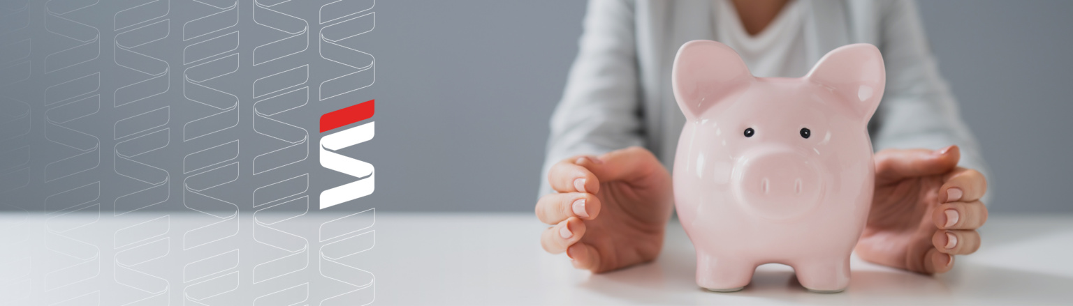 Piggy Bank with human behind. Fraser Stryker logo icon repeating on the left side of the photo.