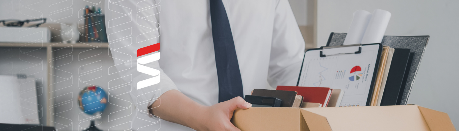 Businessmen hold boxes for personal belongings and resignation letters. Fraser Stryker logo icon repeating on the left side of the photo.