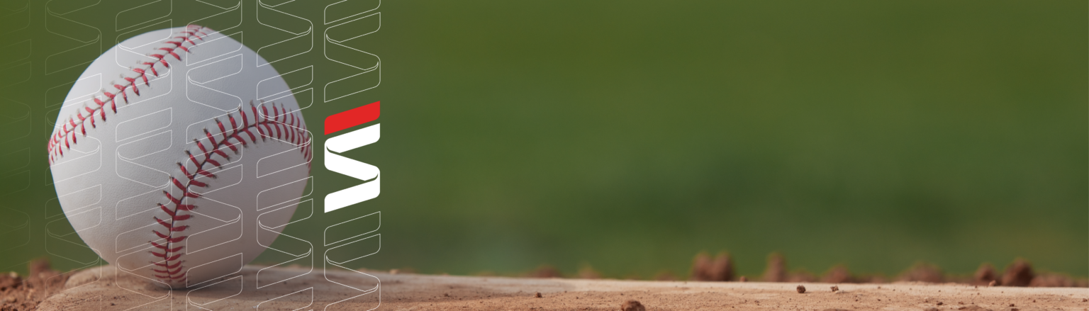 Close-up of a baseball on a pitcher's mound. Fraser Stryker logo icon repeating on the left side of the photo.