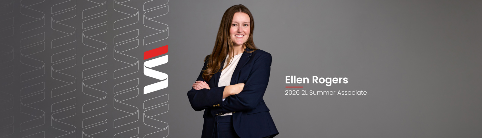 Ellen Rogers, Fraser Stryker 2026 2L Summer Associate, wearing a black jacket and pants, and a ivory shirt. Fraser Stryker logo pattern on the left side.
