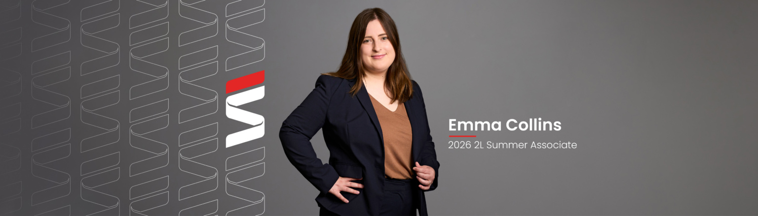 Emma Collins, Fraser Stryker 2026 2L Summer Associate, wearing a black jacket and pants, and orange shirt. Fraser Stryker logo pattern on the left side.