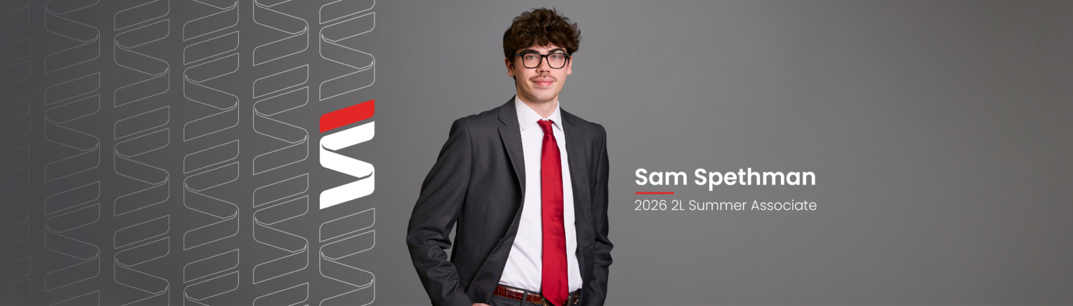 Sam Spethman, Fraser Stryker 2026 2L Summer Associate, wearing a grey jacket and pants, a white button down shirt, and red tie. Fraser Stryker logo pattern on the left side.